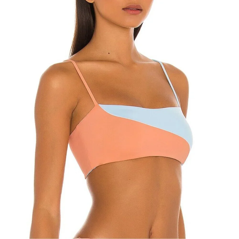 NEW l*space Ari Color Block Pullover Bikini Top in Tangy and Sky Blue Sz. L
